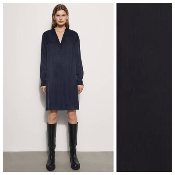 NWT. Massimo Dutti Navy Blue 100% Cupro V-neckline Midi Dress. Size 4. - Picture 1 of 8